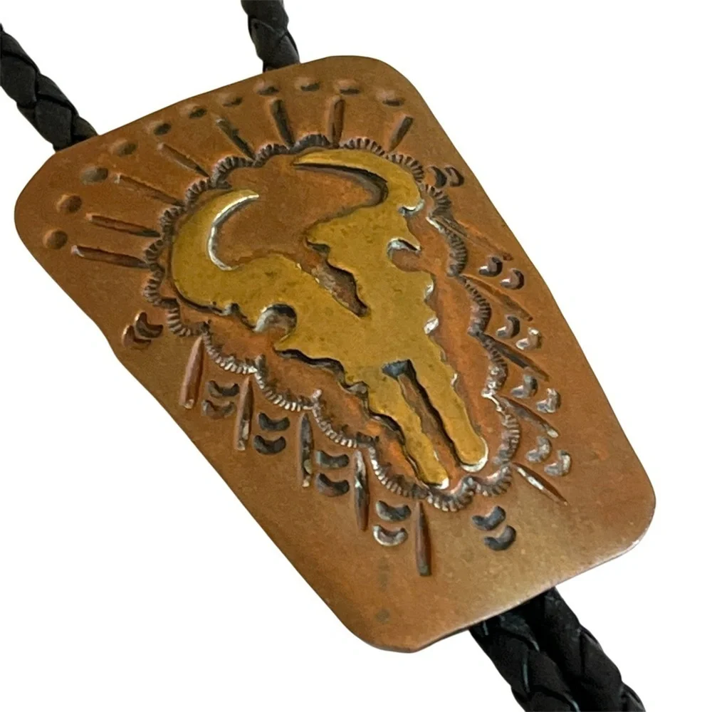 Vintage Western Leather Bolo Tie Skull Design Handmade Ranch Style Cowboy